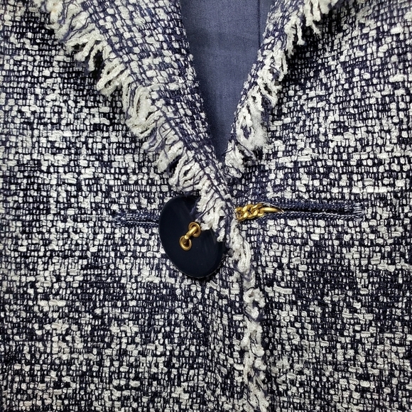 Talbots Petites Blue White Boucle Tweed Fringe Blazer Size 12 - Picture 4 of 12